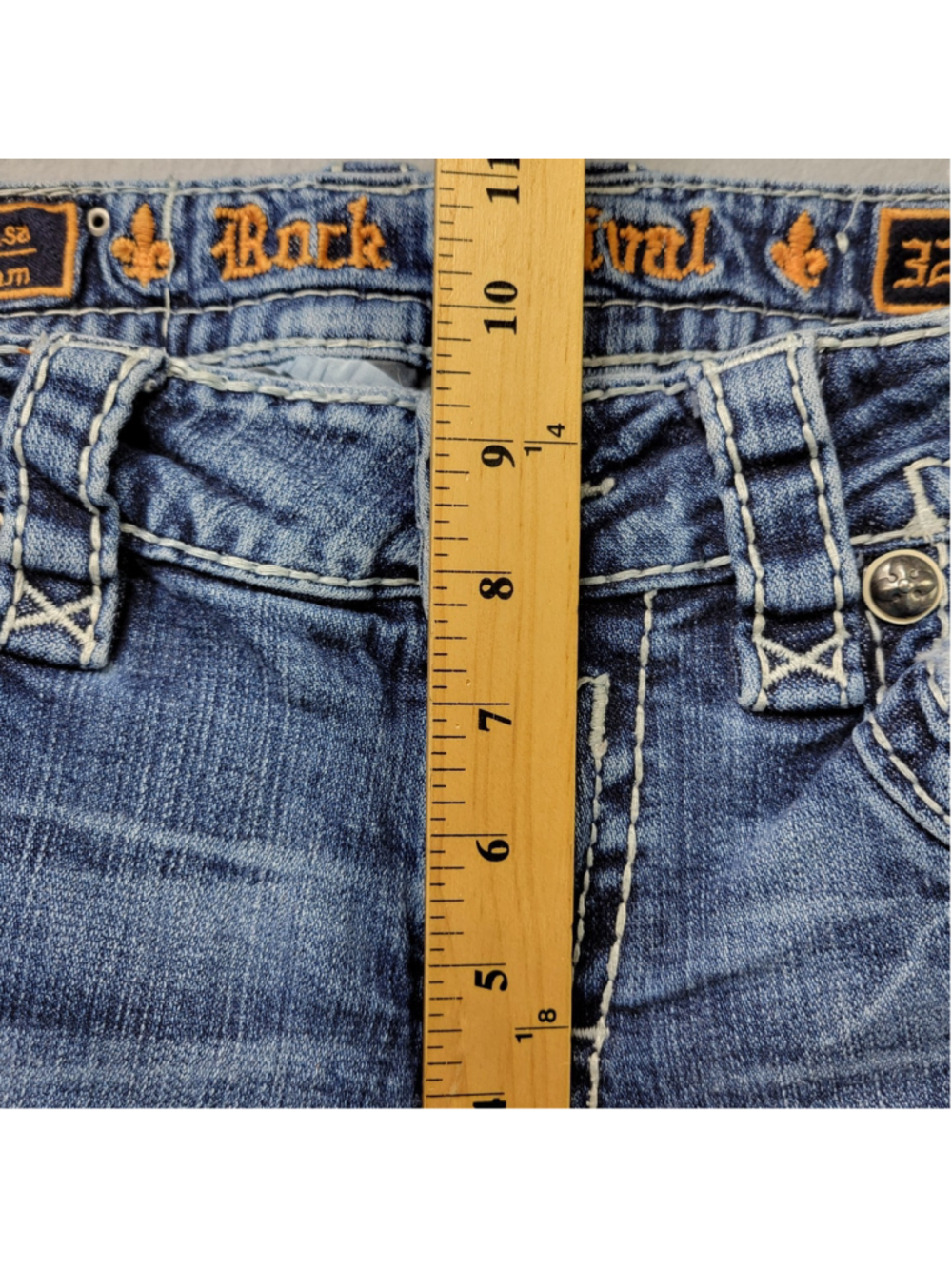 Rock Revival Triton Slim Straight Jeans Mens 32x30 Blue Embroidered Fleur De Lis - Picture 8 of 14